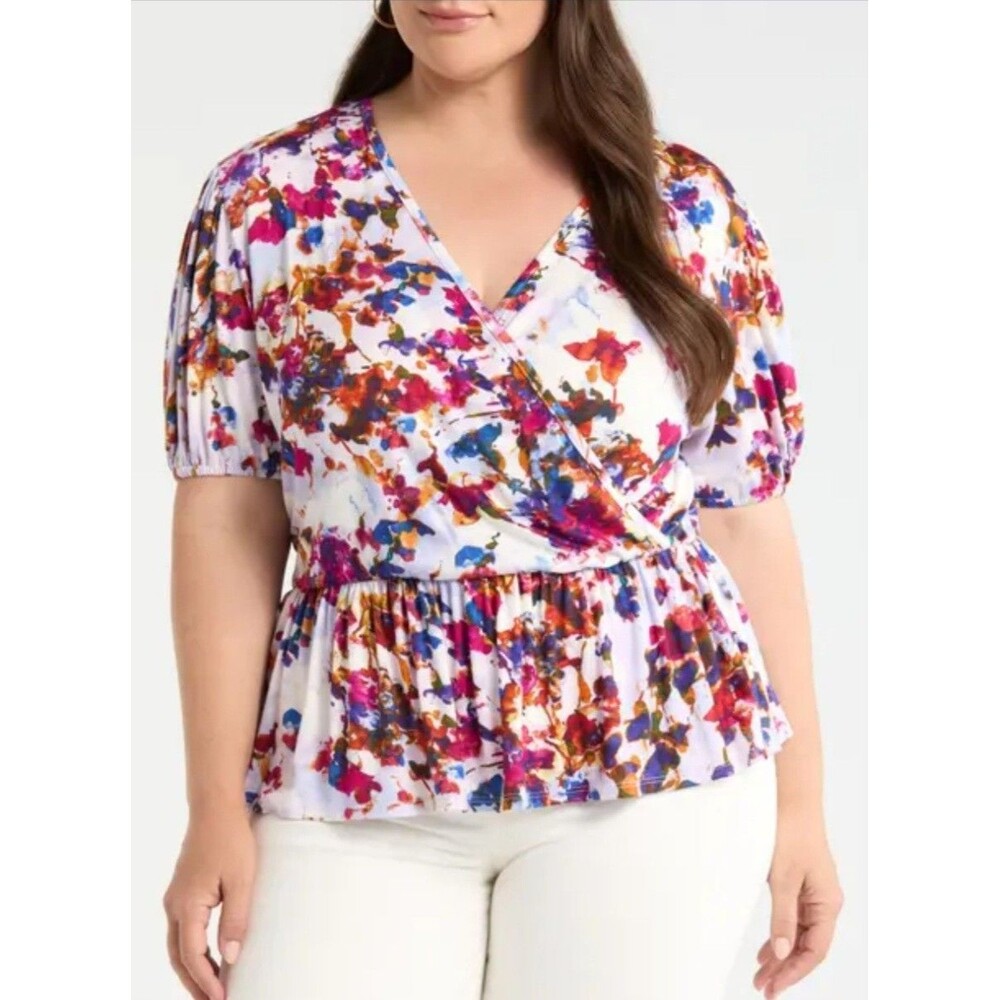Loveappella Top Floral 1X Colorful Surplice Peplum White Pink Purple Casual NEW